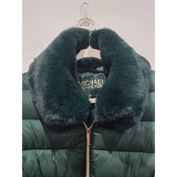 Michael Kors Green Longline Belted Puffer Coat Removable Faux Fur Collar Size M - Picture 5 of 16